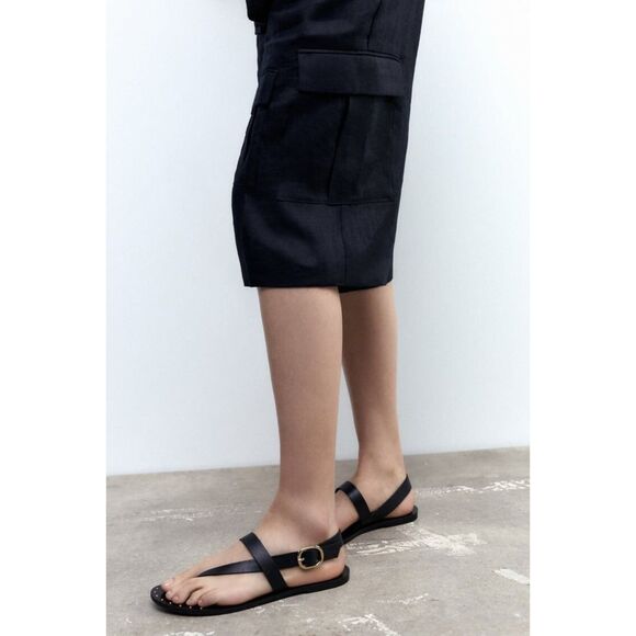 Black Zara Leather Gold Tone Studded Ankle Buckle Closure Flat Sandals (NWT) - Picture 6 of 9